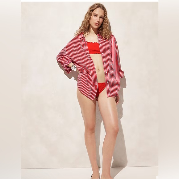 J. Crew Size XL Red Cotton voile beach shirt in stripe- - Picture 2 of 11